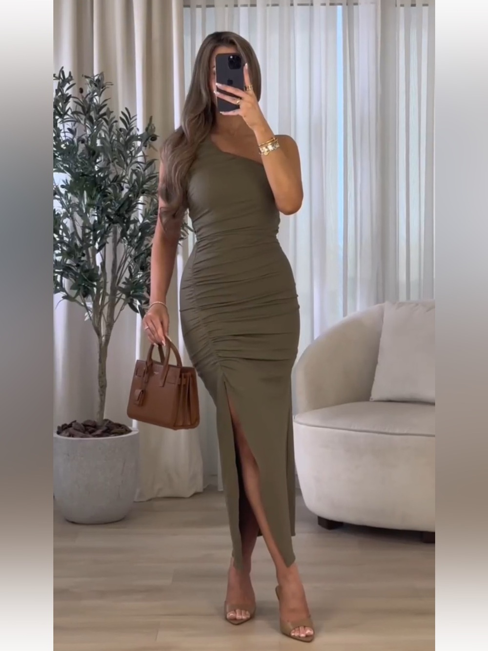 Zara Olive One-Shoulder Dress - size M